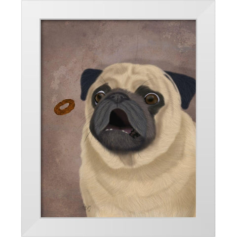 Pug, Catch 1 White Modern Wood Framed Art Print by Fab Funky