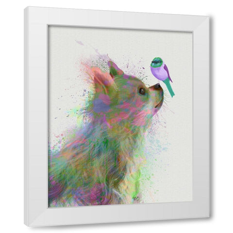 Chihuahua, Long Haired, Rainbow Splash White Modern Wood Framed Art Print by Fab Funky