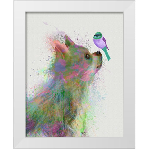 Chihuahua, Long Haired, Rainbow Splash White Modern Wood Framed Art Print by Fab Funky