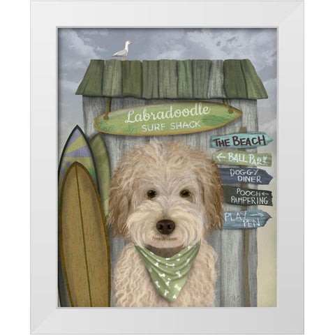 Labradoodle, Cream, Surf Shack White Modern Wood Framed Art Print by Fab Funky