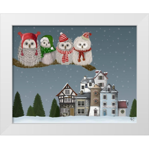 Christmas Christmas Owl Village White Modern Wood Framed Art Print by Fab Funky