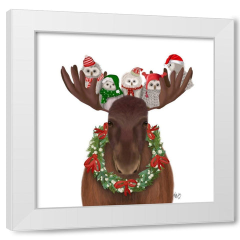Christmas Moose and Christmas Owls Forward White Modern Wood Framed Art Print by Fab Funky