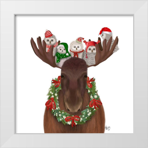 Christmas Moose and Christmas Owls Forward White Modern Wood Framed Art Print by Fab Funky