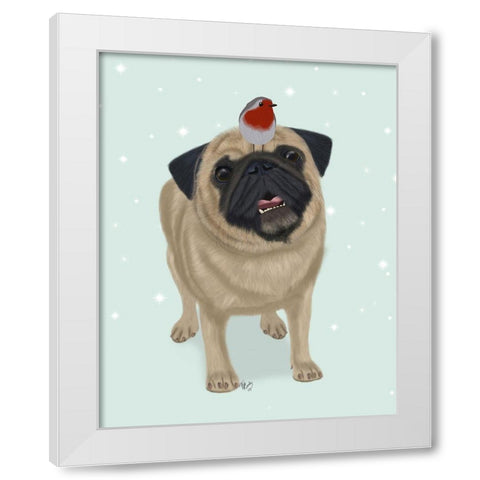 Christmas Pug and Robin White Modern Wood Framed Art Print by Fab Funky