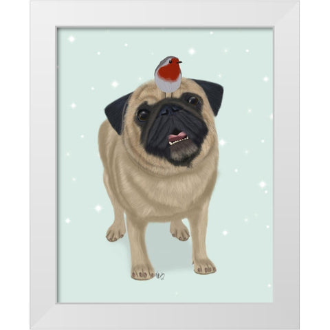 Christmas Pug and Robin White Modern Wood Framed Art Print by Fab Funky