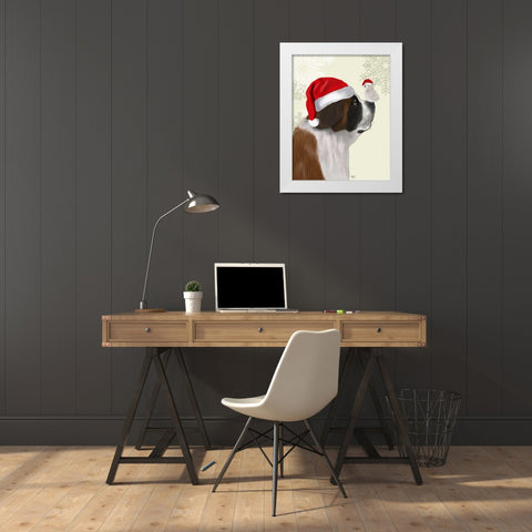 Christmas St Bernard and Fluffy Owl White Modern Wood Framed Art Print by Fab Funky