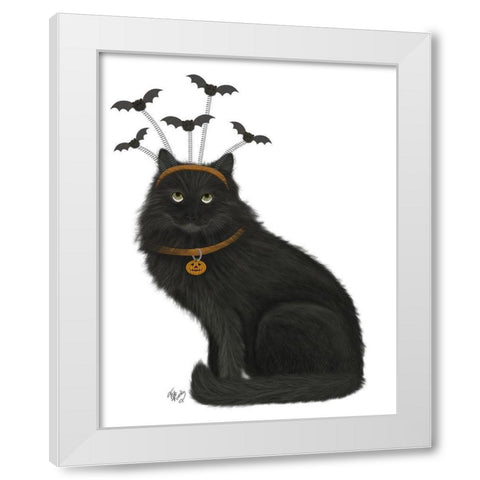Halloween Black Cat and Bats White Modern Wood Framed Art Print by Fab Funky