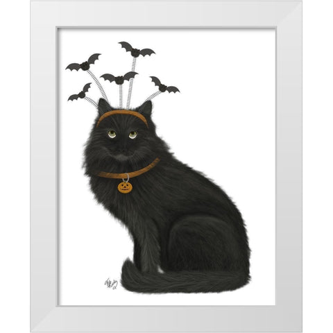 Halloween Black Cat and Bats White Modern Wood Framed Art Print by Fab Funky