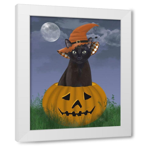Halloween Black Cat in Pumpkin White Modern Wood Framed Art Print by Fab Funky