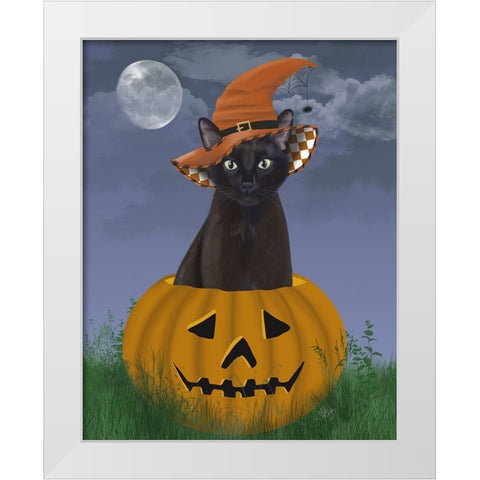 Halloween Black Cat in Pumpkin White Modern Wood Framed Art Print by Fab Funky
