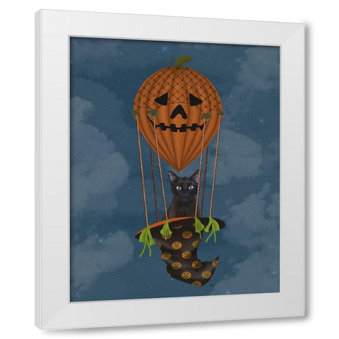 Halloween Black Cat in Pumpkin Hot Air Balloon White Modern Wood Framed Art Print by Fab Funky