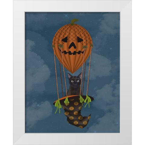 Halloween Black Cat in Pumpkin Hot Air Balloon White Modern Wood Framed Art Print by Fab Funky