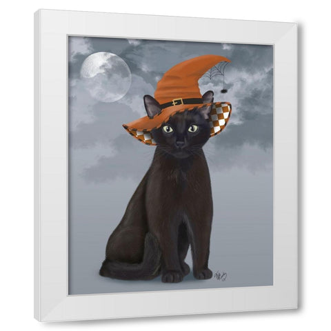 Halloween Black Cat in Witches Hat White Modern Wood Framed Art Print by Fab Funky