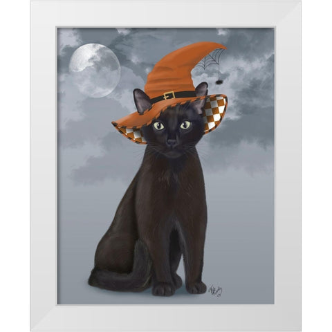 Halloween Black Cat in Witches Hat White Modern Wood Framed Art Print by Fab Funky