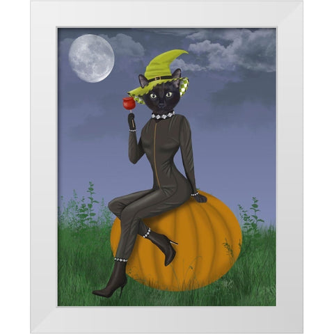 Halloween Cat and Toffee Apple White Modern Wood Framed Art Print by Fab Funky