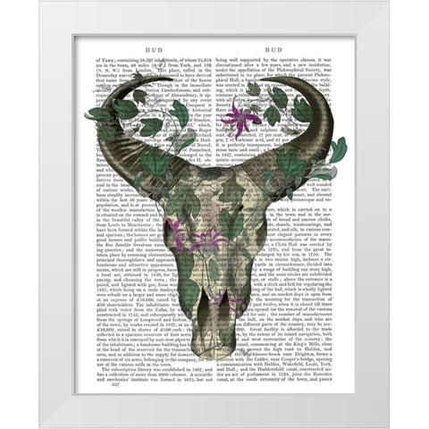 Cow Skull and Passion Flowers White Modern Wood Framed Art Print by Fab Funky