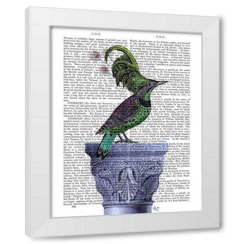 Bird on Blue Plinth White Modern Wood Framed Art Print by Fab Funky
