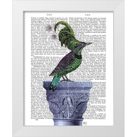 Bird on Blue Plinth White Modern Wood Framed Art Print by Fab Funky