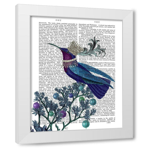 Blue Bird With Flourish White Modern Wood Framed Art Print by Fab Funky