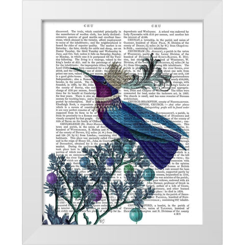 Blue Bird With Flourish White Modern Wood Framed Art Print by Fab Funky