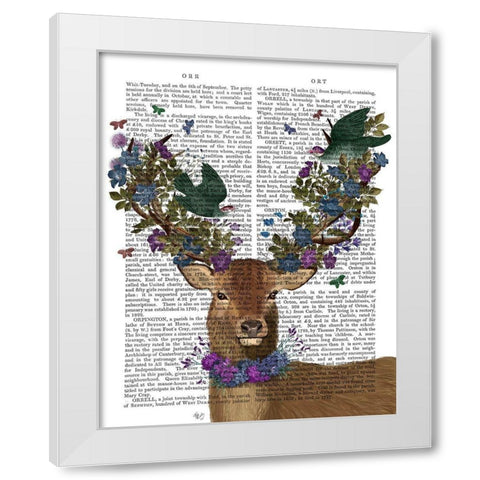 Deer Birdkeeper, Green Love Birds White Modern Wood Framed Art Print by Fab Funky
