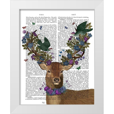 Deer Birdkeeper, Green Love Birds White Modern Wood Framed Art Print by Fab Funky