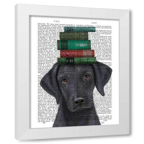 Black Labrador and Books White Modern Wood Framed Art Print by Fab Funky
