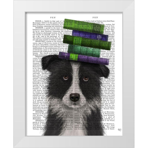 Border Collie, Black and White, and Books White Modern Wood Framed Art Print by Fab Funky