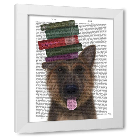 German Shepherd and Books White Modern Wood Framed Art Print by Fab Funky