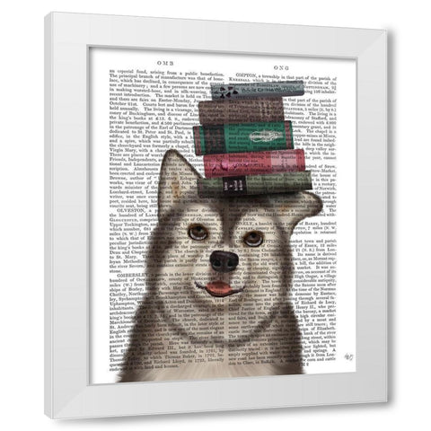 Husky and Books White Modern Wood Framed Art Print by Fab Funky