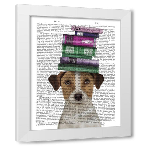 Jack Russell and Books White Modern Wood Framed Art Print by Fab Funky