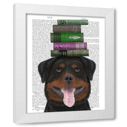 Rottweiller and Books White Modern Wood Framed Art Print by Fab Funky