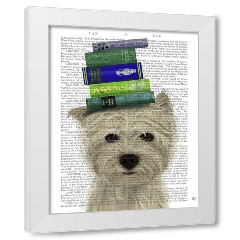 Westie and Books White Modern Wood Framed Art Print by Fab Funky