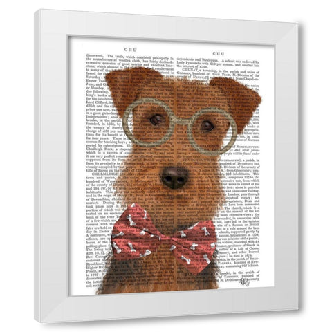 Airedale with Glasses and Bow Tie White Modern Wood Framed Art Print by Fab Funky