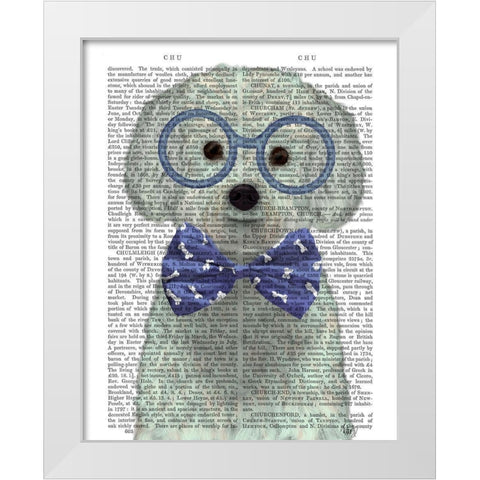 Bichon Frise with Glasses and Bow Tie White Modern Wood Framed Art Print by Fab Funky