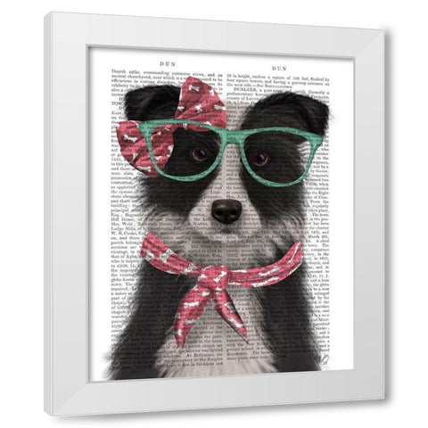 Border Collie, Black and White, with Glasses and Scarf White Modern Wood Framed Art Print by Fab Funky