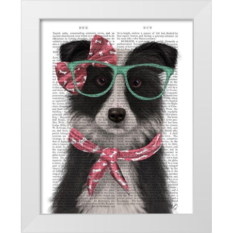 Border Collie, Black and White, with Glasses and Scarf White Modern Wood Framed Art Print by Fab Funky