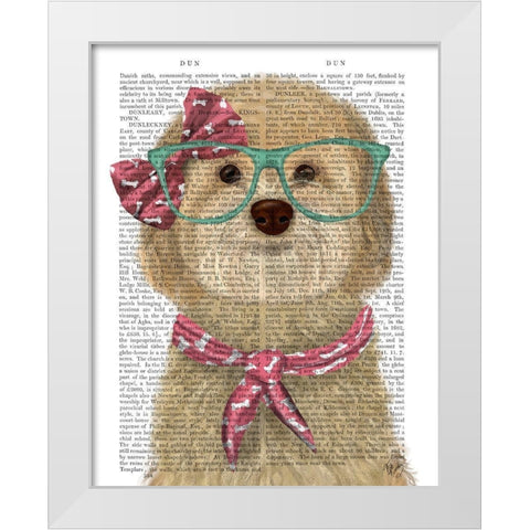 Cockerpoo, Blonde, with Glasses and Scarf White Modern Wood Framed Art Print by Fab Funky