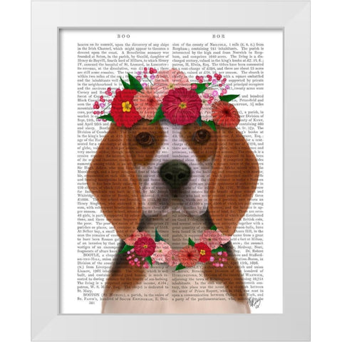 Beagle Flower Headdress White Modern Wood Framed Art Print by Fab Funky