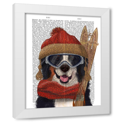 Bernese Ski Dog White Modern Wood Framed Art Print by Fab Funky
