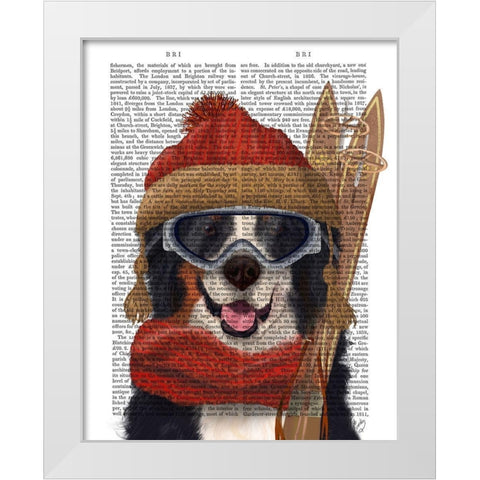 Bernese Ski Dog White Modern Wood Framed Art Print by Fab Funky