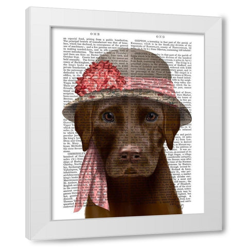 Chocolate Labrador Hat and Pink Scarf White Modern Wood Framed Art Print by Fab Funky
