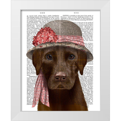 Chocolate Labrador Hat and Pink Scarf White Modern Wood Framed Art Print by Fab Funky