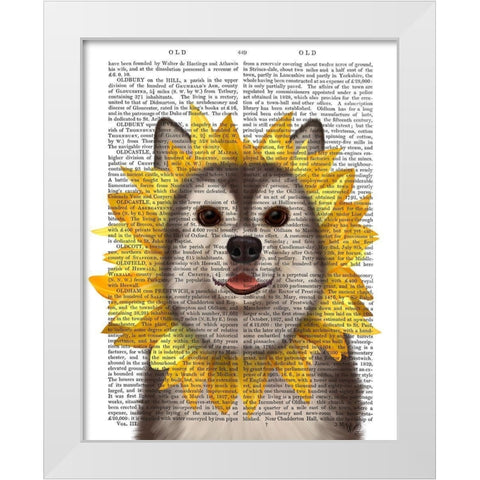 Husky Sunflower White Modern Wood Framed Art Print by Fab Funky