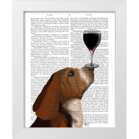 Dog Au Vin, Basset Hound White Modern Wood Framed Art Print by Fab Funky