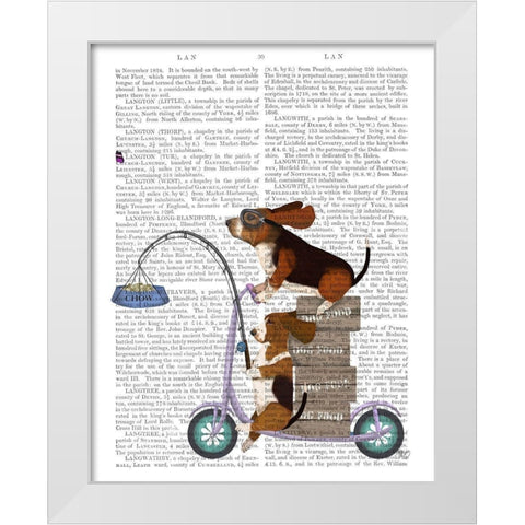 Basset Hound Scooter White Modern Wood Framed Art Print by Fab Funky