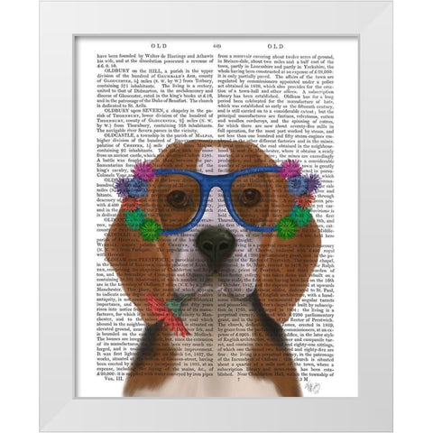 Beagle and Flower Glasses  White Modern Wood Framed Art Print by Fab Funky