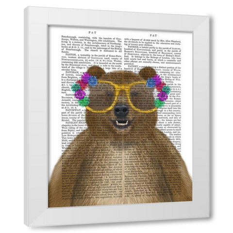 Bear and Flower Glasses White Modern Wood Framed Art Print by Fab Funky