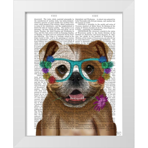 English Bulldog and Flower Glasses White Modern Wood Framed Art Print by Fab Funky