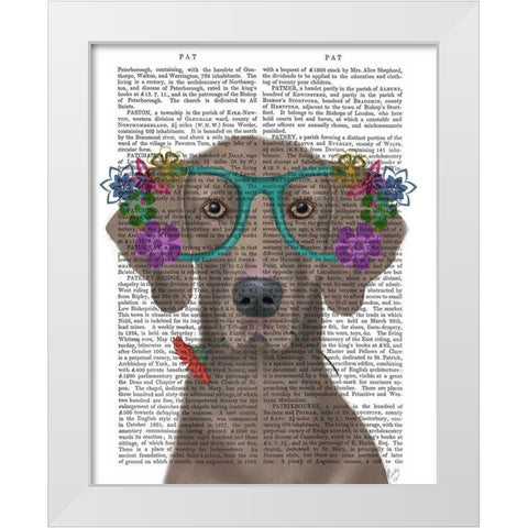 Weimaraner  and Flower Glasses White Modern Wood Framed Art Print by Fab Funky